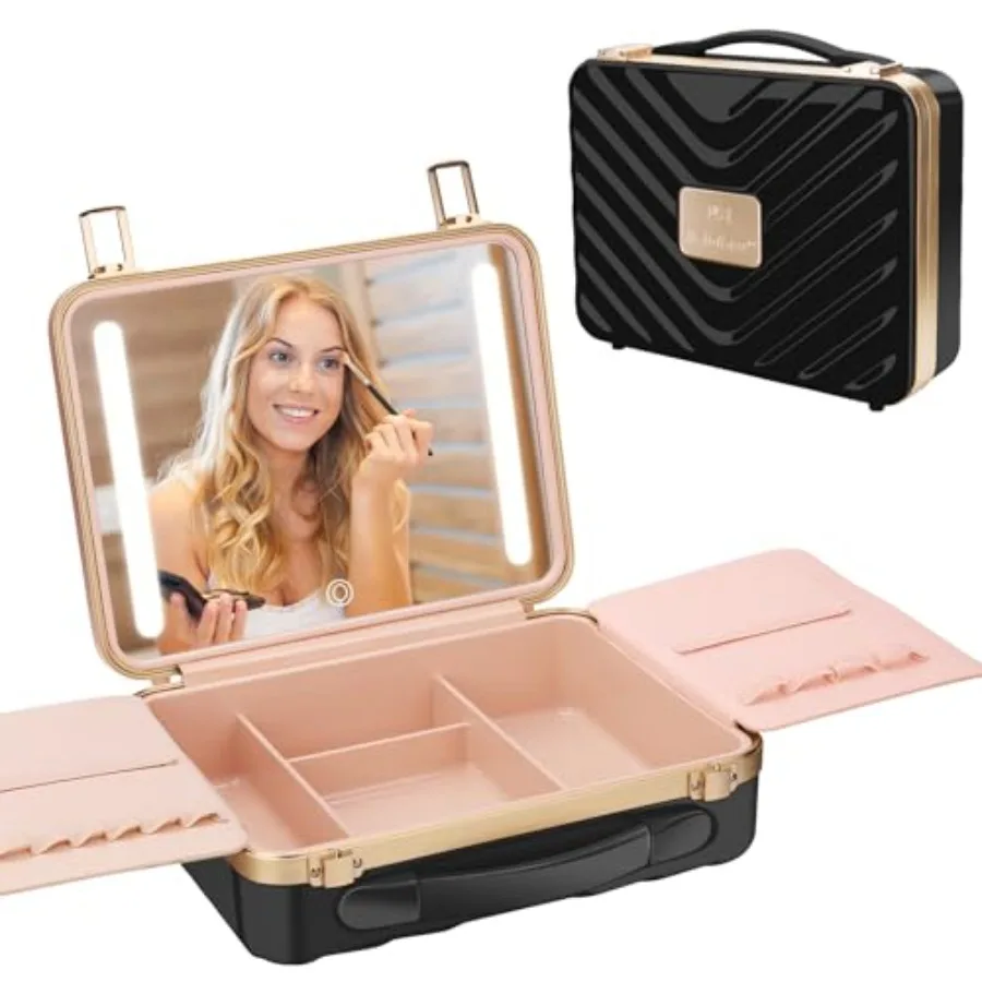 

Travel Makeup Train Cases with Lighted Mirror 3 Color Setting, Makeup Bag Cosmetic Case Organizer Adjustable Brightness Portabl
