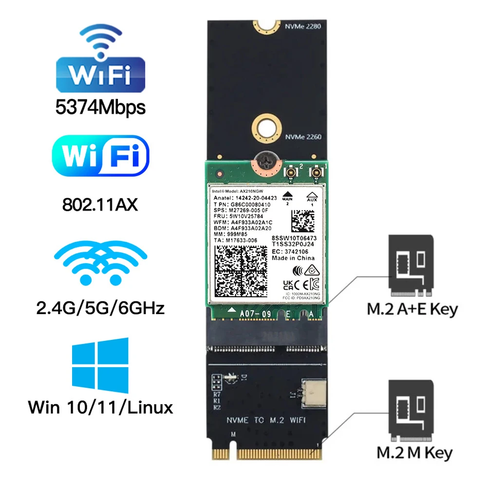 M.2 Key M AX210 WiFi Card With M.2 A+E To M.2 M Key NVMe SSD Converter 5400Mbps WiFi Bluetooth 5.3 AX210NGW Ethernet Adapter