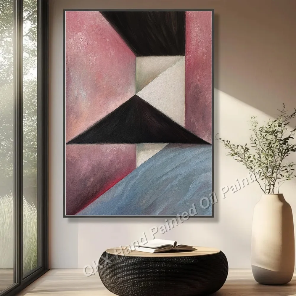 Morandi Color Block Triangle Abstract Hand-Painted Oil Painting on Canvas - Textured Wall Art Decor for Living Room