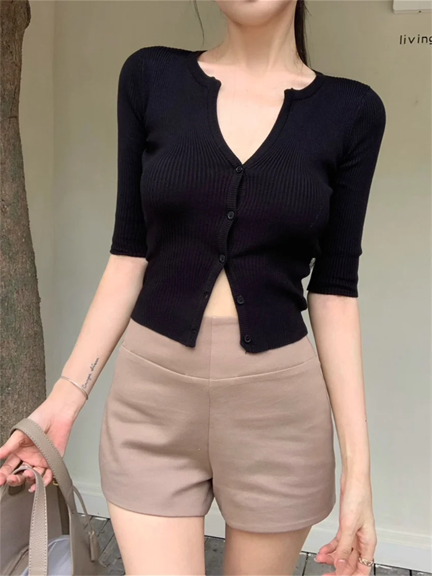 

Alien Kitty Retro Elegant Skinny Sweaters New Women Slim Solid High Waist Shorts Summer Gentle 2024 Office Lady Streetwear