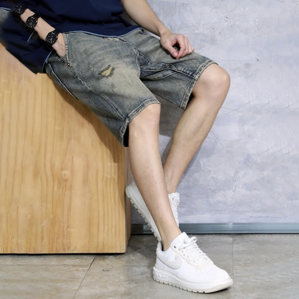

Retro Distred Denim orts Men's Loose Straight Casual Vintage Large Size Five-Quarter Mid-Pants Summer Trendy Men's Pants