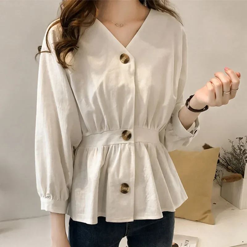 

2024 Spring Summer Women Elegant Blouses Solid Color Lady Tunics Tops Long Sleeve V-Neck Button Up Shirts Casual Streetwear