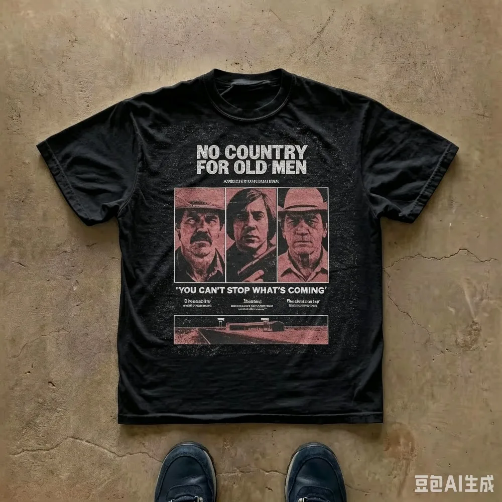 White Red Toned Three Character Collage Graphic Tee Top Block Movie Title Middle Quote Bottom Desert Scene Chest Oversized Tops