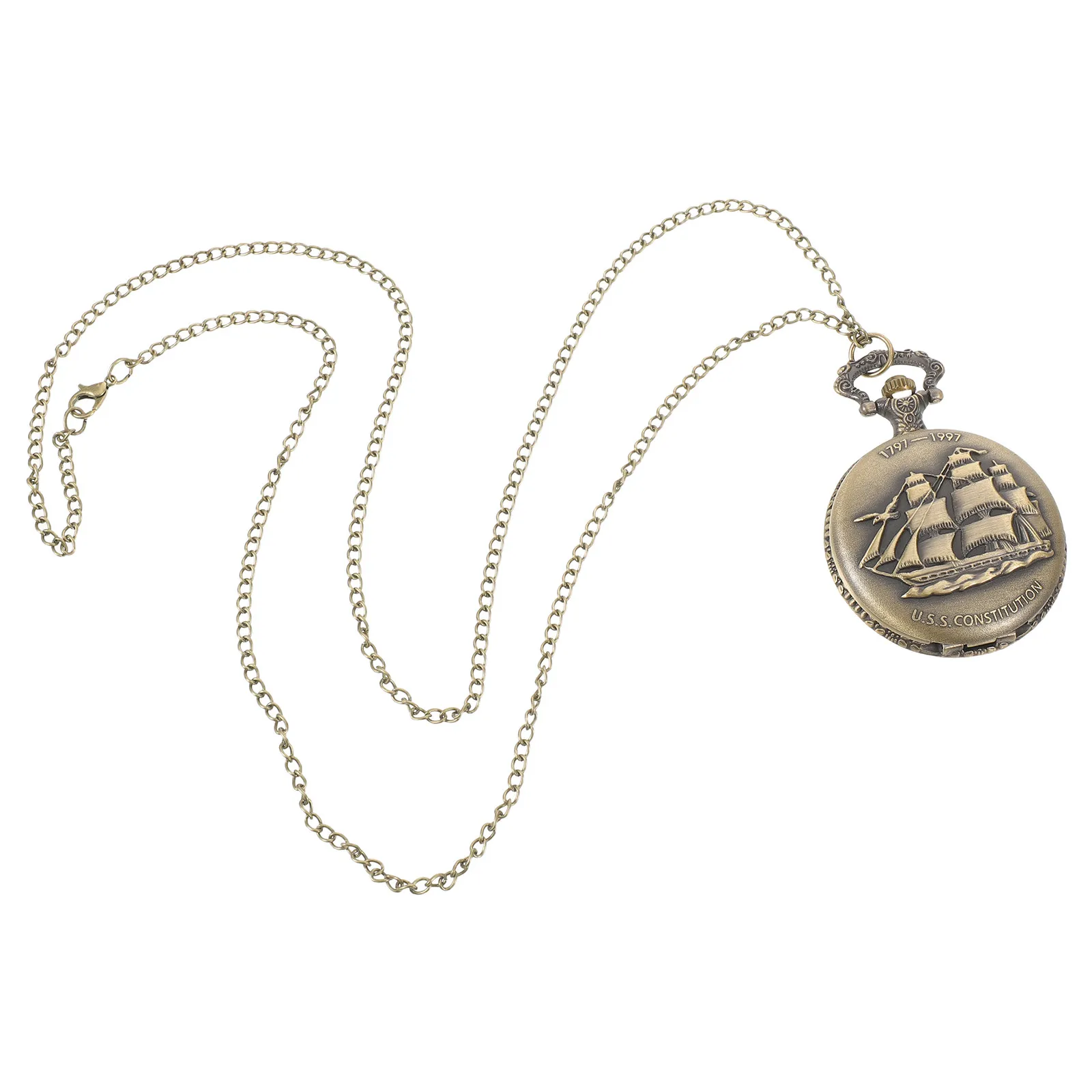 

Vintage Pocket Watch Necklace Bronze Quartz Clock Pendant Detachable Chain Arabic Numeral Dial Retro Nautical Ship