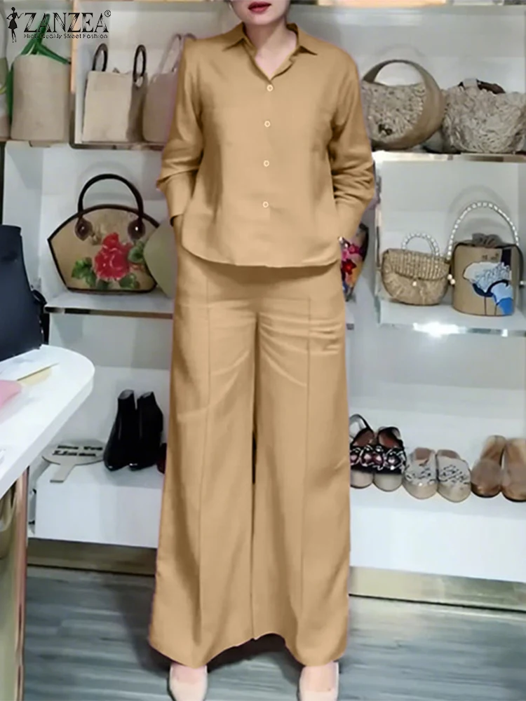 2025 Herfst Broek Pak ZANZEA Elegante Revers Hals Lange Mouw Losse Broek Sets Vrouwen Bijpassende Sets 2 STKS OL Werkoutfits