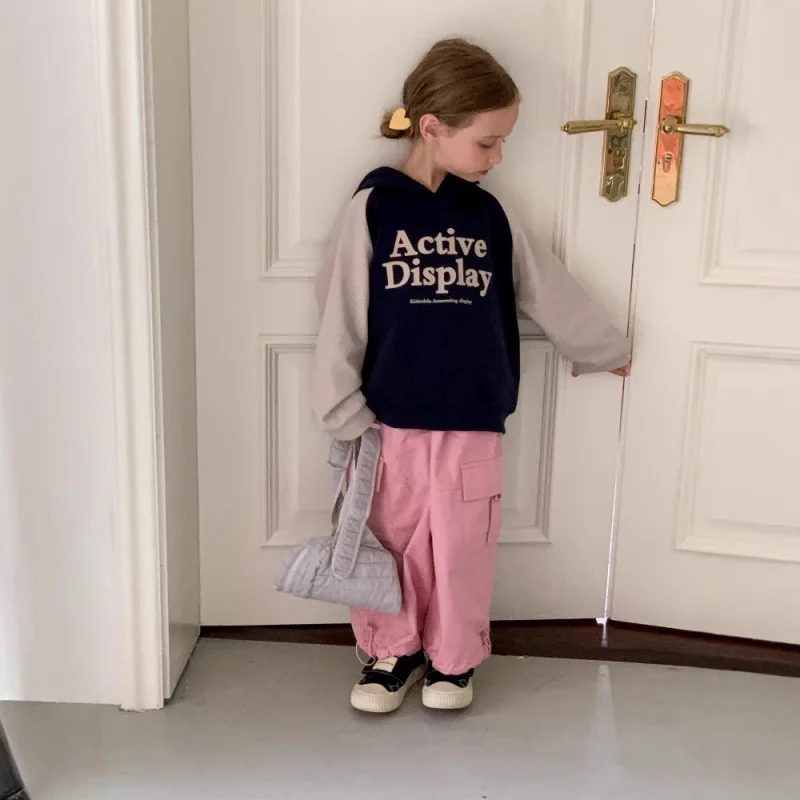 

Children's Clothing Boys and Girls Color Block Sweatshirt Autumn New Style Baby Girl Loose Casual Letter Hooded Jacket