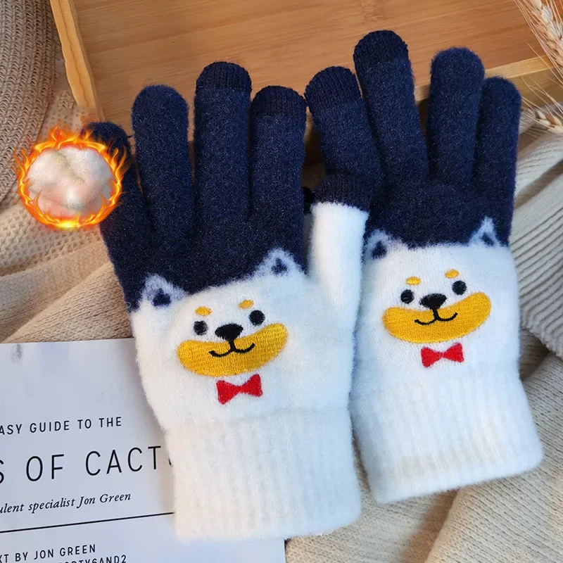 Cute Cartoon Cat Puppy Gloves For Girls, Winter Fleece-Lined Warm Five-Finger Knitted Gloves For Children Playing Outdoor Sports