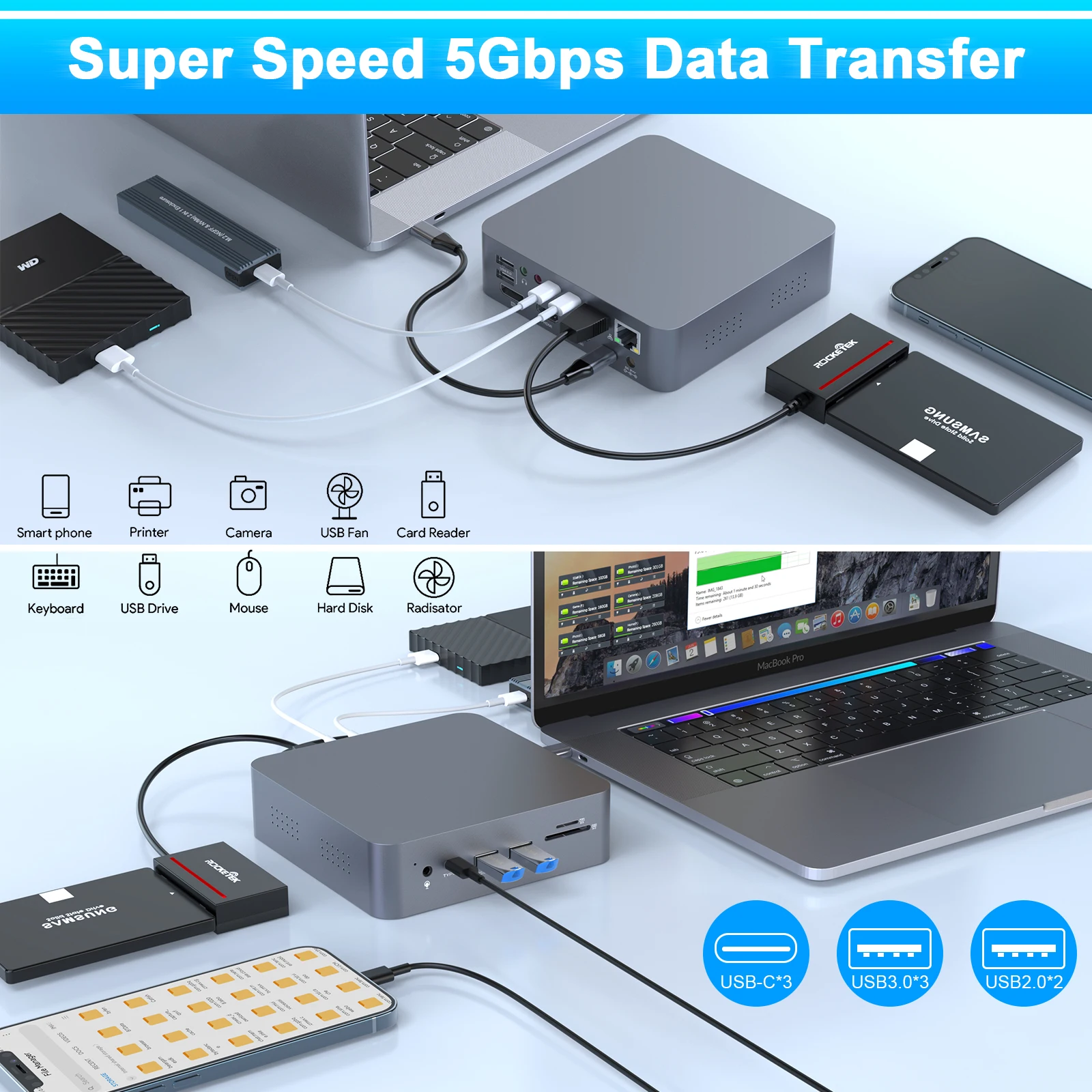 With Dual For HDMI 4K Gigabit Lan USB Type-C Dock USB 3.0 Charging Interface 19-Port Multi-Function Laptop Docking Station