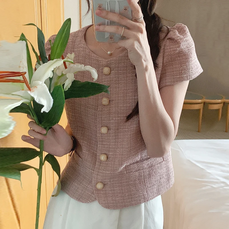 

Ele round Ne ort Coat Chic Summer Thin Woolen Knit Loose Fit Single Button Women's Faion Outerwear