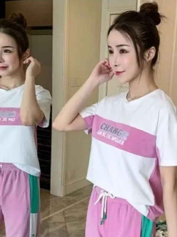 Summer New Casual Sportswear Set Loose Fit Women's plus Size Clothing Short Sleeve Meat Concealing Two-Piece Set Hip Hop Style 5