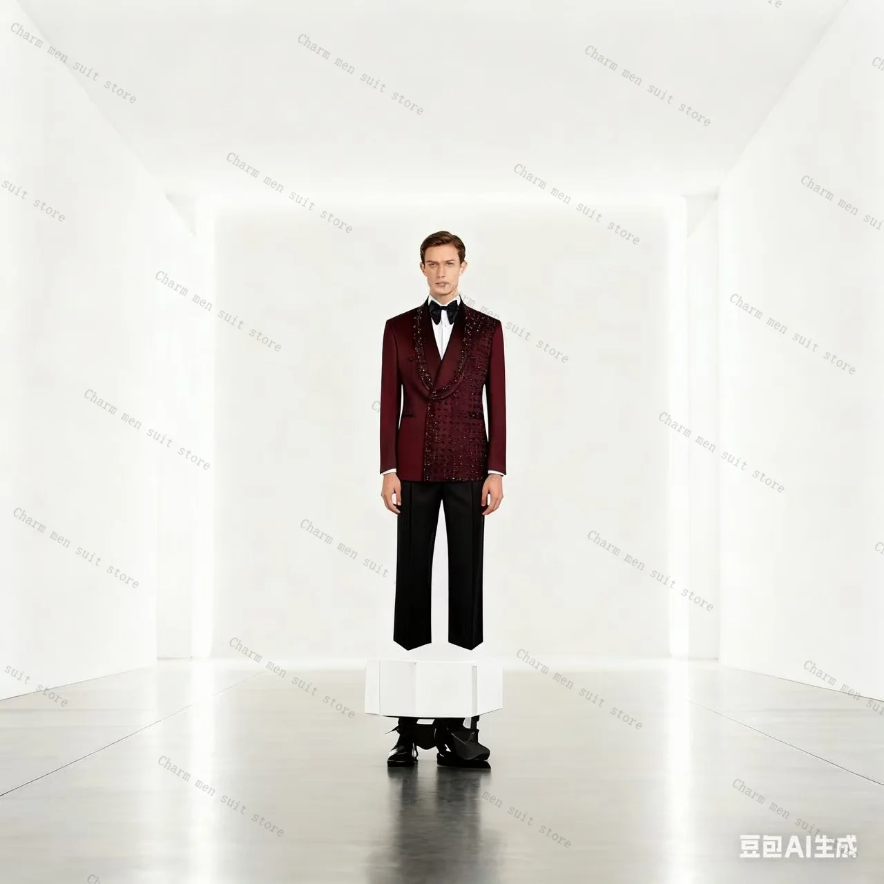 

Luxury Burgundy Men Suits Set 2 Pcs Blazer+Pant Trousers Wedding Tuxedo Shiny Crystals Formal Office Groom Jacket Cotton Coat
