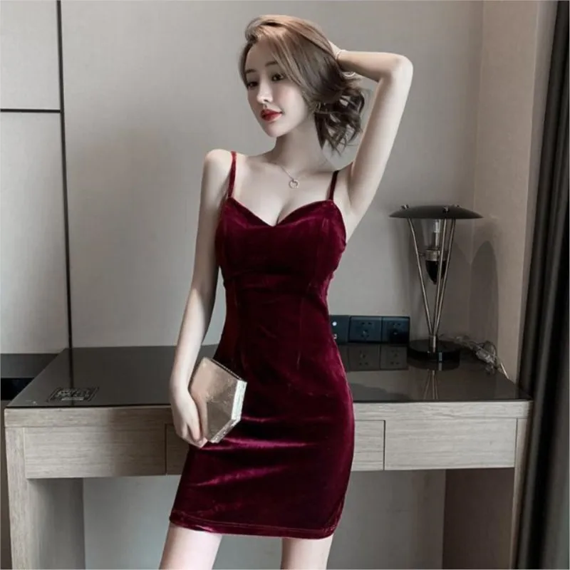 

Women Slip Dress Sexy Low-cut 2021 Spring New Slim Velvet Sexy Bottoming Short Nightclub Technician Work Clothes