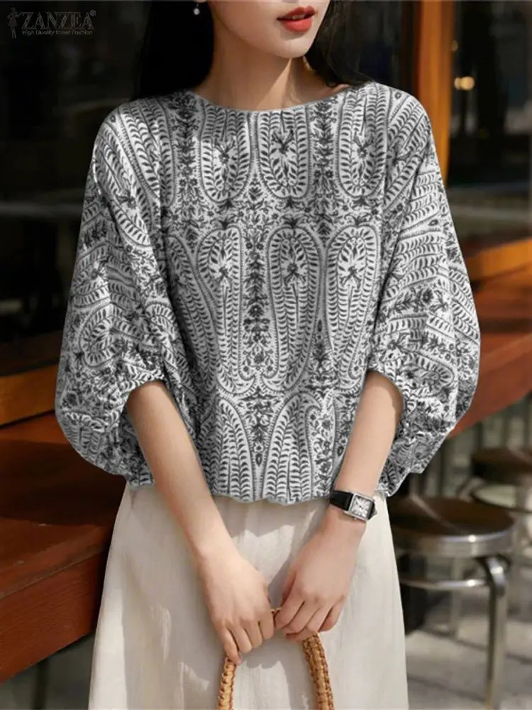 

2025 ZANZEA Stylish Printed Blouses Autumn Women Tops Elegant 3/4 Sleeve Work Shirt Casual O Neck Loose Floral Tunic Mujer Femme