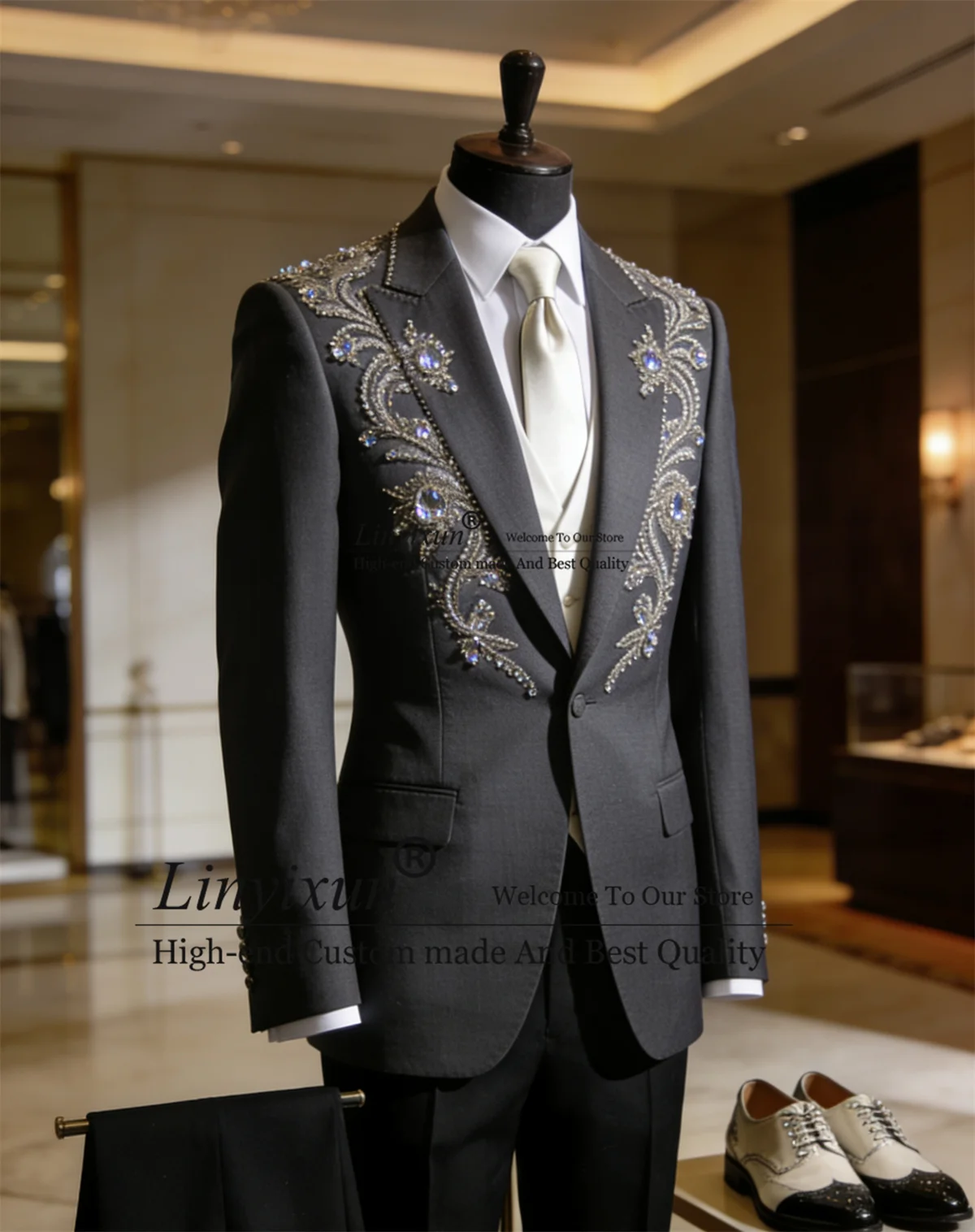 

Sparkly Rhinestons Diamond Men Suits 3 Piece Set Male Prom Blazers Customized Wedding Groom Tuxedos Slim Fit Male Costume Homme