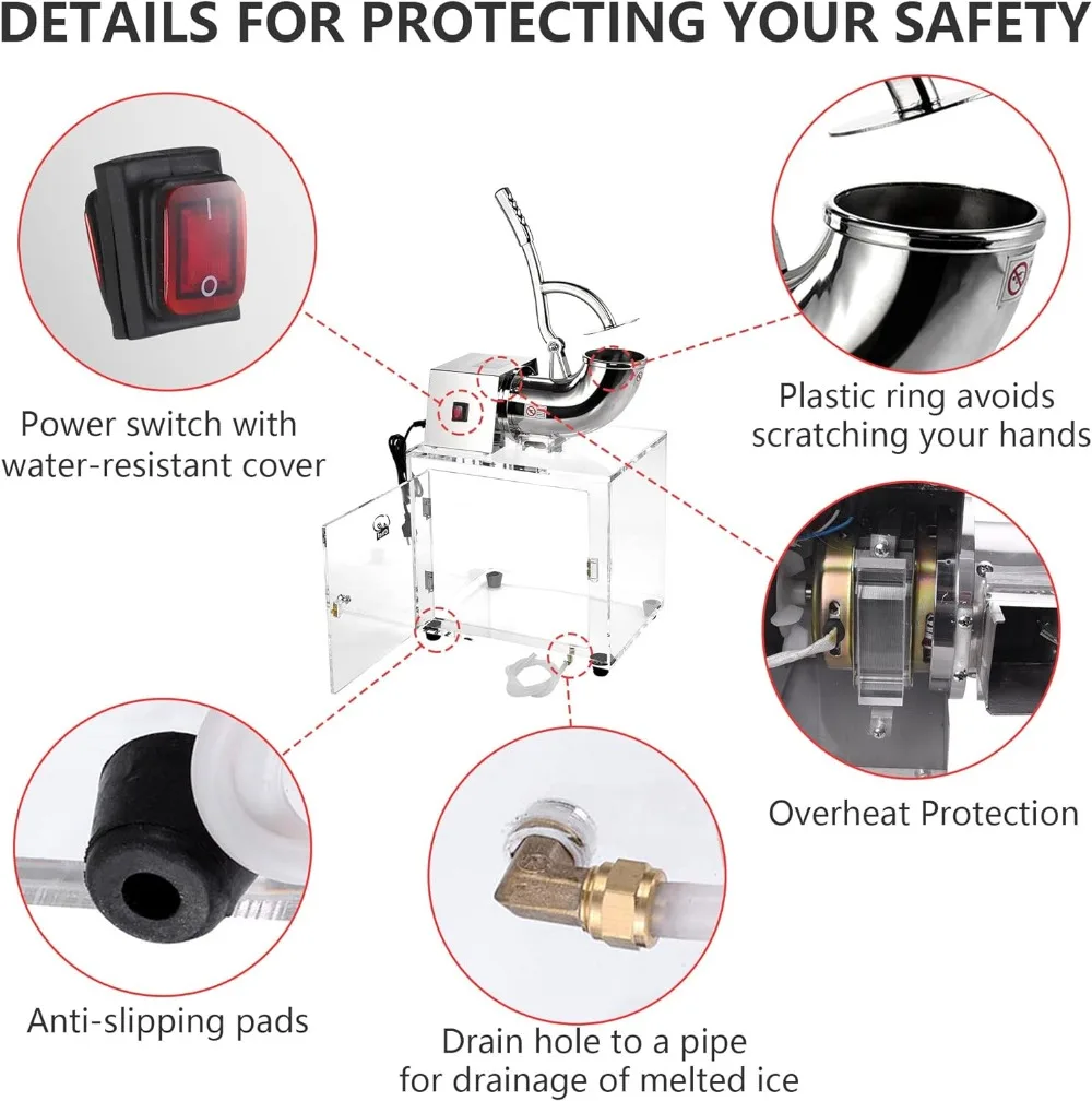 Neve elétrica Cone Machine, Slush Maker, aço inoxidável Ice Shaver, Dual Blades, Casa e Comercial, 250W, 440lbs