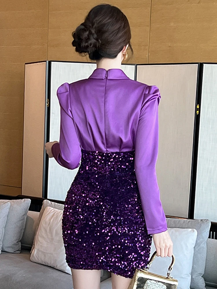 Celebrity Fake 2 Piece Dress Women Elegant Luxury Purple Shiny Sequin Belt Single Breasted Short Gown Femme Party Vestido Spring