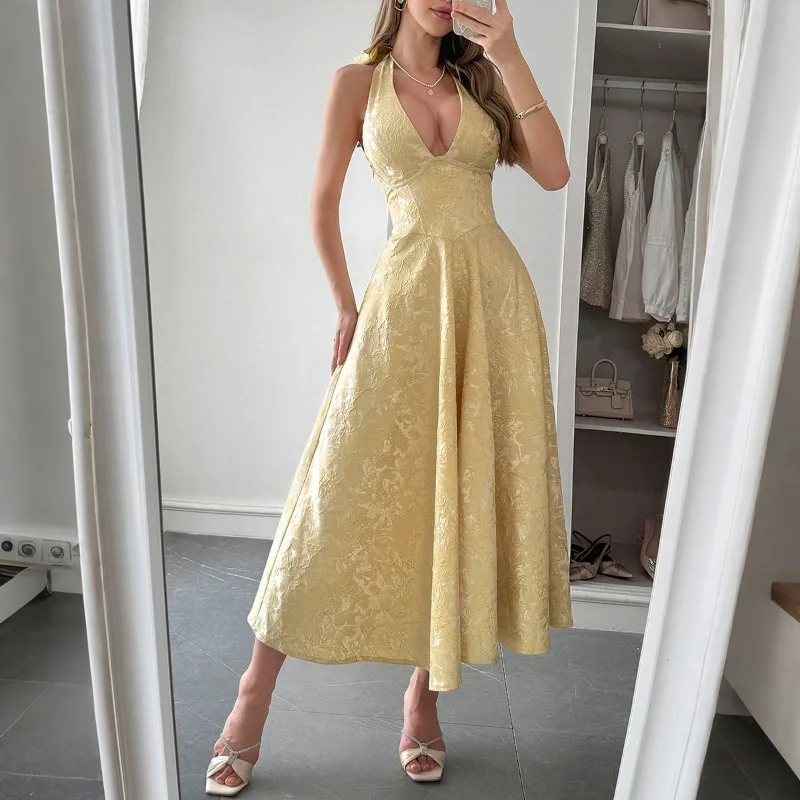 Vestido maxi feminino elegante com gola halter, jacquard, cintura com gravata e bordado floral, vestido de noite elegante, praia, casamento, convidado