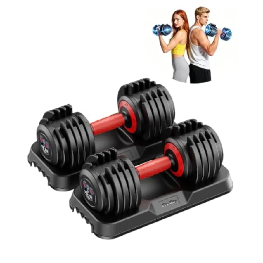 Home gym adjustable dumbbell set 25 or 50lb pair, 10-in-1 quick-lock steel black space-saving design