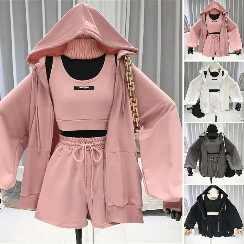 Casual Women Coat 4 Colors Three Pieces Women Coat Drawstring Shorts Vest Set Solid Color Super Soft Women Hoodie for Female