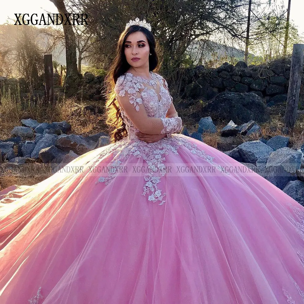 فستان جميل Quinceanera 2024 رقبة O وأكمام طويلة دانتيل مزين بالزهور حلو 15 16 سنة حفلة عيد ميلاد