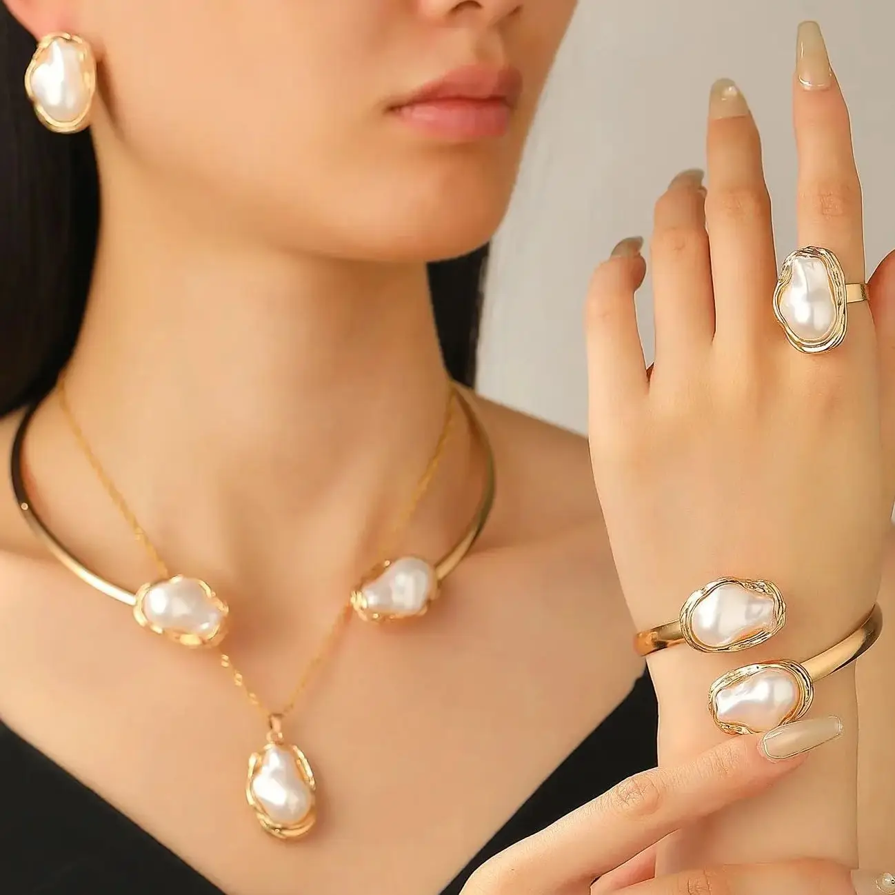 DIEZI French Style Baroque Imitation Pearl Necklace Bangle Earrings Ring Set For Women Punk Clavicle Chain Torques Jewelry Set