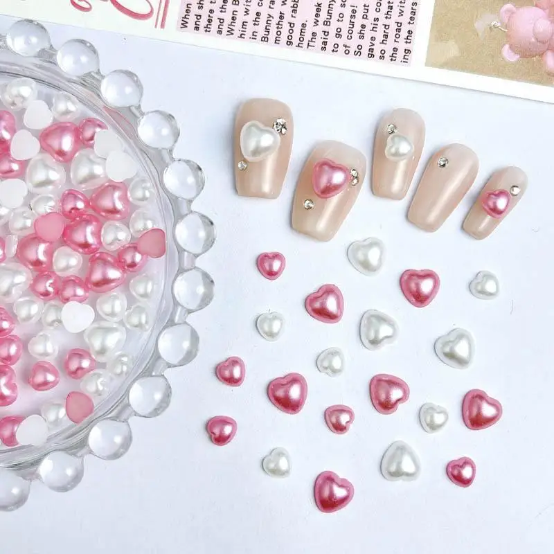 Mezclado de corazón blanco y rosa para decoración de uñas, adornos artísticos de resina con perlas de imitación 3D para manicura, accesorios hechos a mano DIY