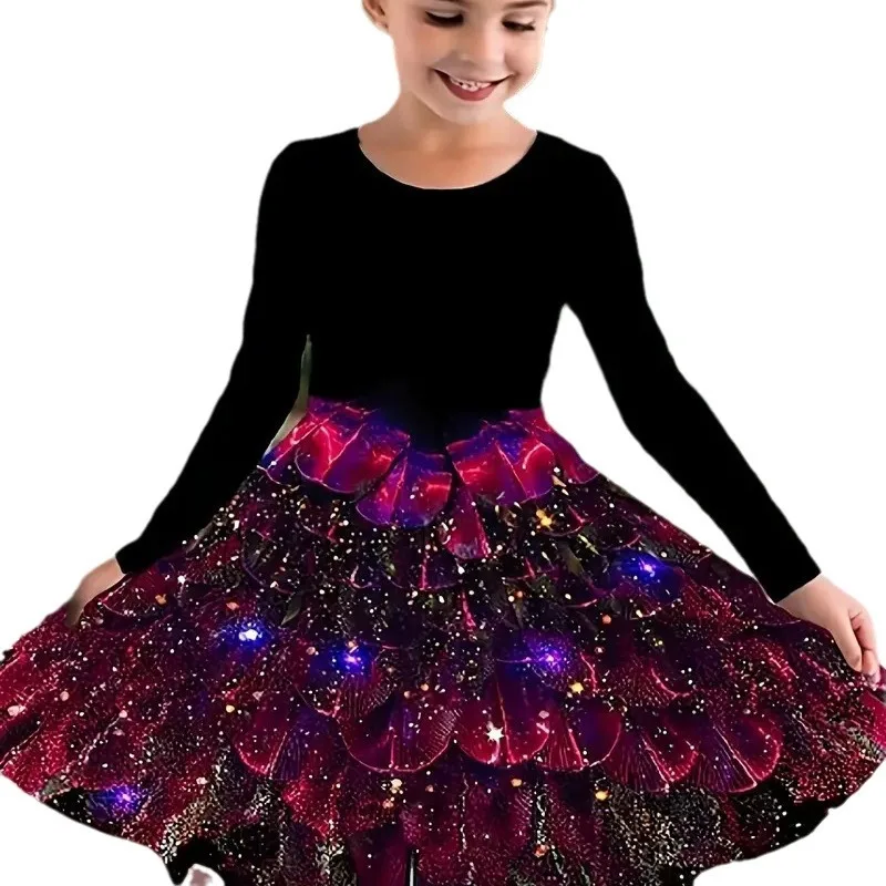 Robe à manches longues pour filles, vêtements de danse de Ballet, imprimé plumes de paon, Costume de spectacle de fête tendance, nouveau Style