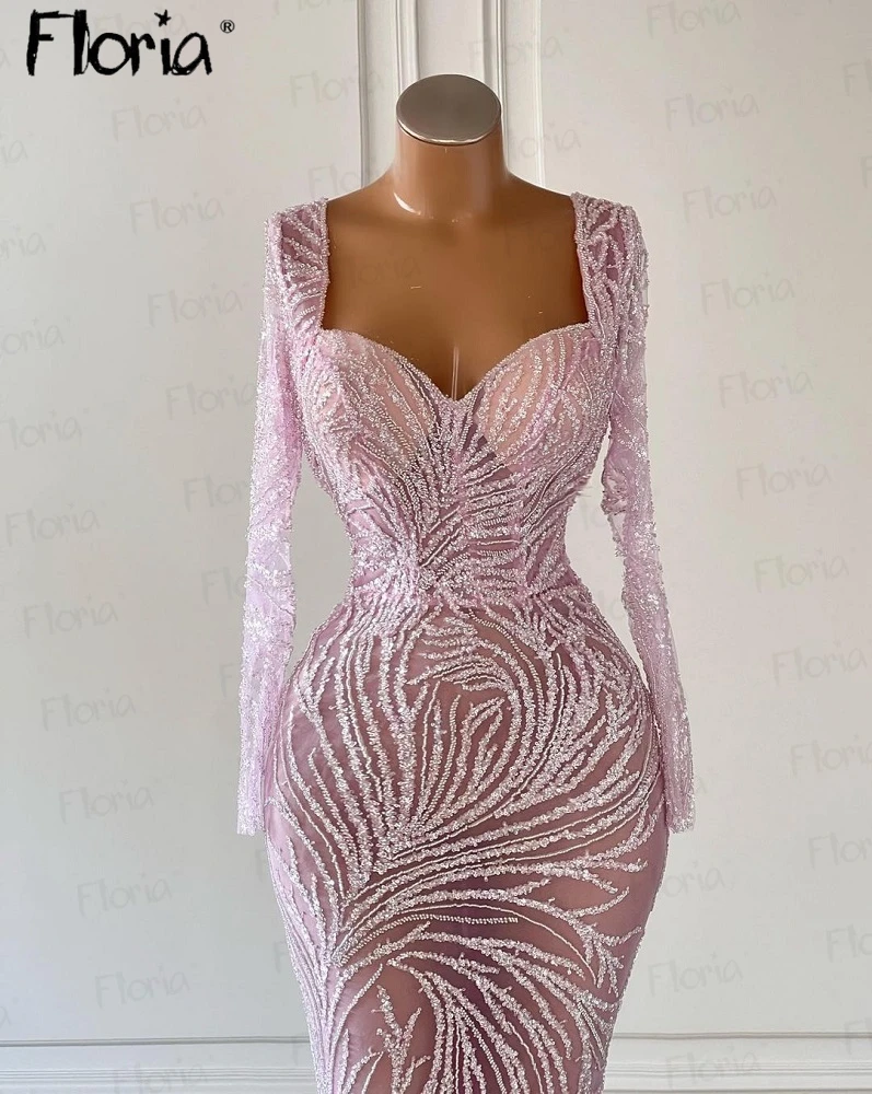 Vestido de noite de sereia frisada rosa brilhante para mulheres, manga longa, vestido de festa formal árabe muçulmano, personalizado, vestido noturno, 2023