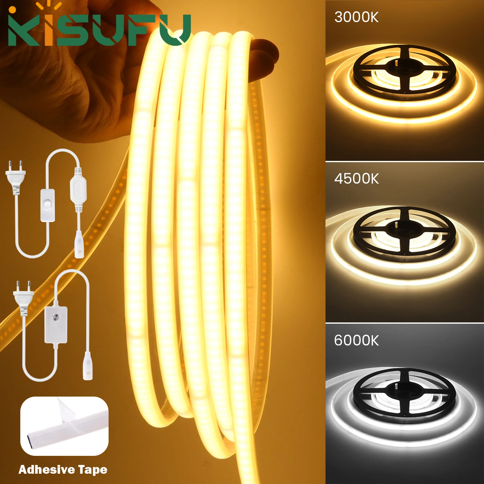 

220V Dimmable COB LED Neon Strip Light Adhesive Waterproof Outdoor RA90 IC 240LED/M Flexible Ribbon Tape With Switch/Dimmer Plug