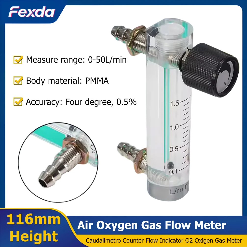 116mm Air Oxygen Gas Flow Meter Flowmeter Caudalimetro Counter Flow Indicator O2 Oxygen Gas Meter Flow Device Switch 0-50L/min