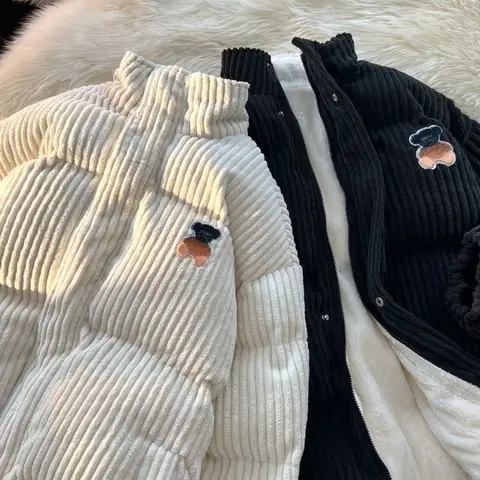 두꺼운 면 재킷 한국 스타일 두꺼운 자수 코듀로이 스탠드 칼라 남성용 면 재킷 코트 외투 두꺼운 면 재킷