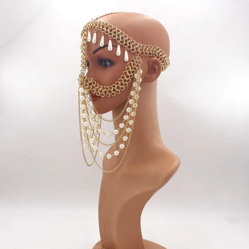 Ornament European and American Exaggerated Chain Women's Water Drop Pearl Handmade Tassel Headdress