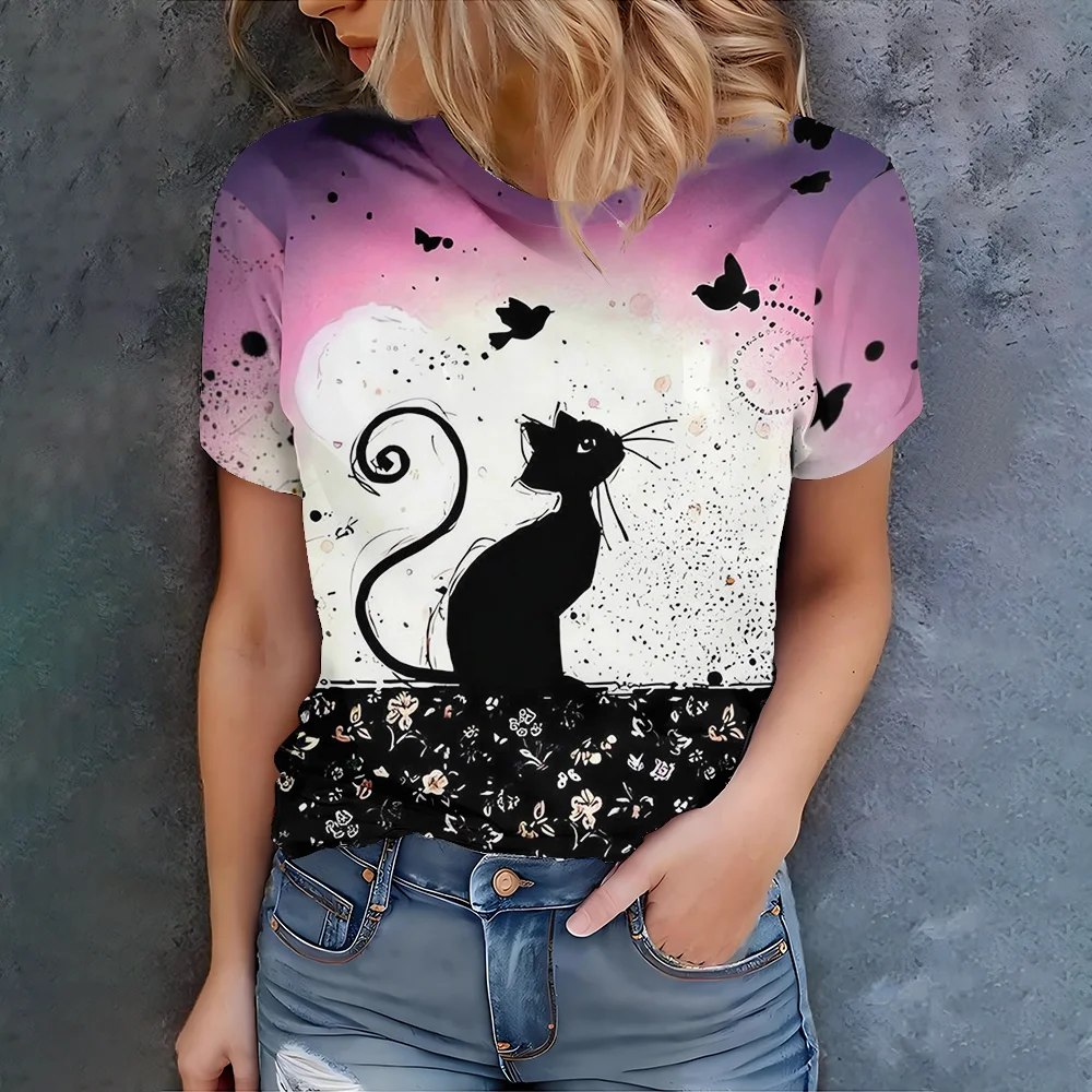 

Women's Pink Black Cat Butterfly Print T-Shirt - Summer Casual Artistic Fit Round Neck Short Sleeve