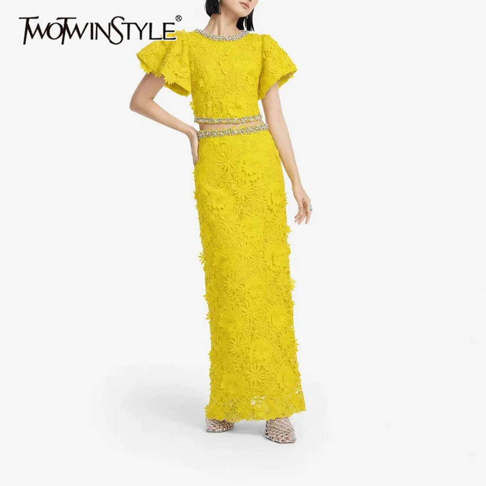 TWOTWINSTYLE Solid Spliced Flower Slim Two Piece Set for Women Round Neck Short Sleeve Top High Waist Midi Skirt Sets Female New