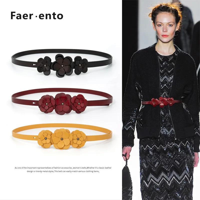 Western Three Flower Design Cowhide Leather Thin Women Waistband Belt Fashion Dress Sweater Belt for Ladies