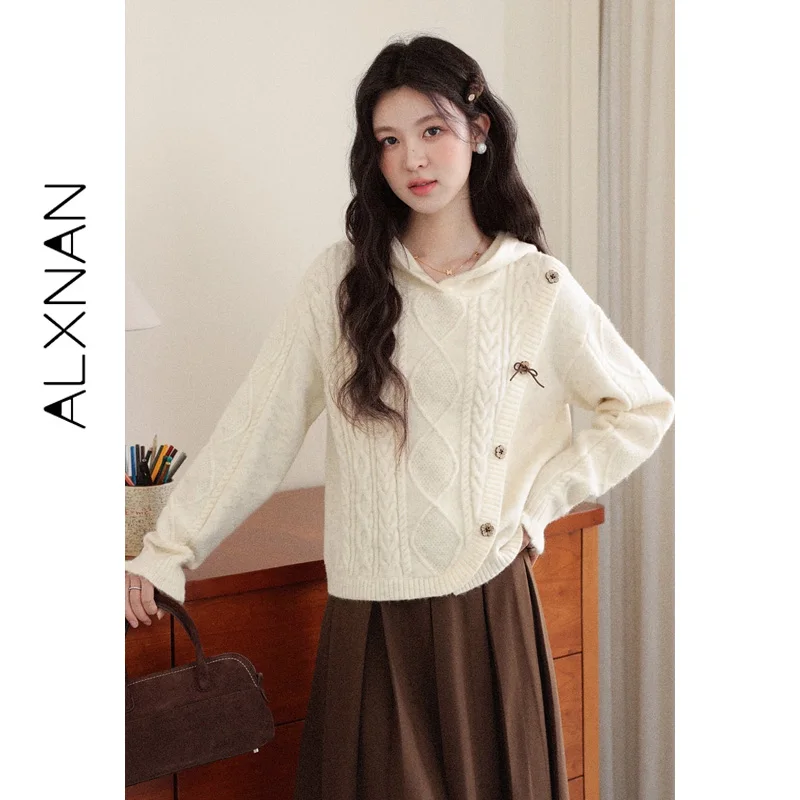 

ALXNAN Women's Winter Knit Hooded Sweater Oversized Loose Pullover Warm Casual Long Sleeve Jumper Female Fall Fashion Top L59520