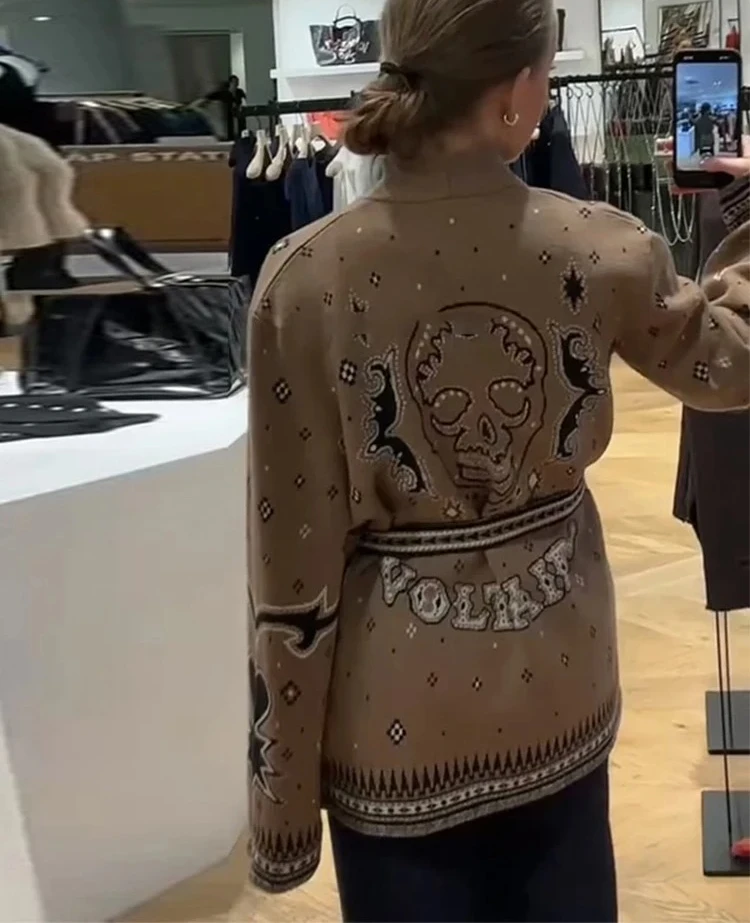 

Bohemian Print New Coats For Women Knit Cardigan Jackets V-neck Belt Tops Long Sleeve Fashion Outwear Daily Casual Autumn Wear