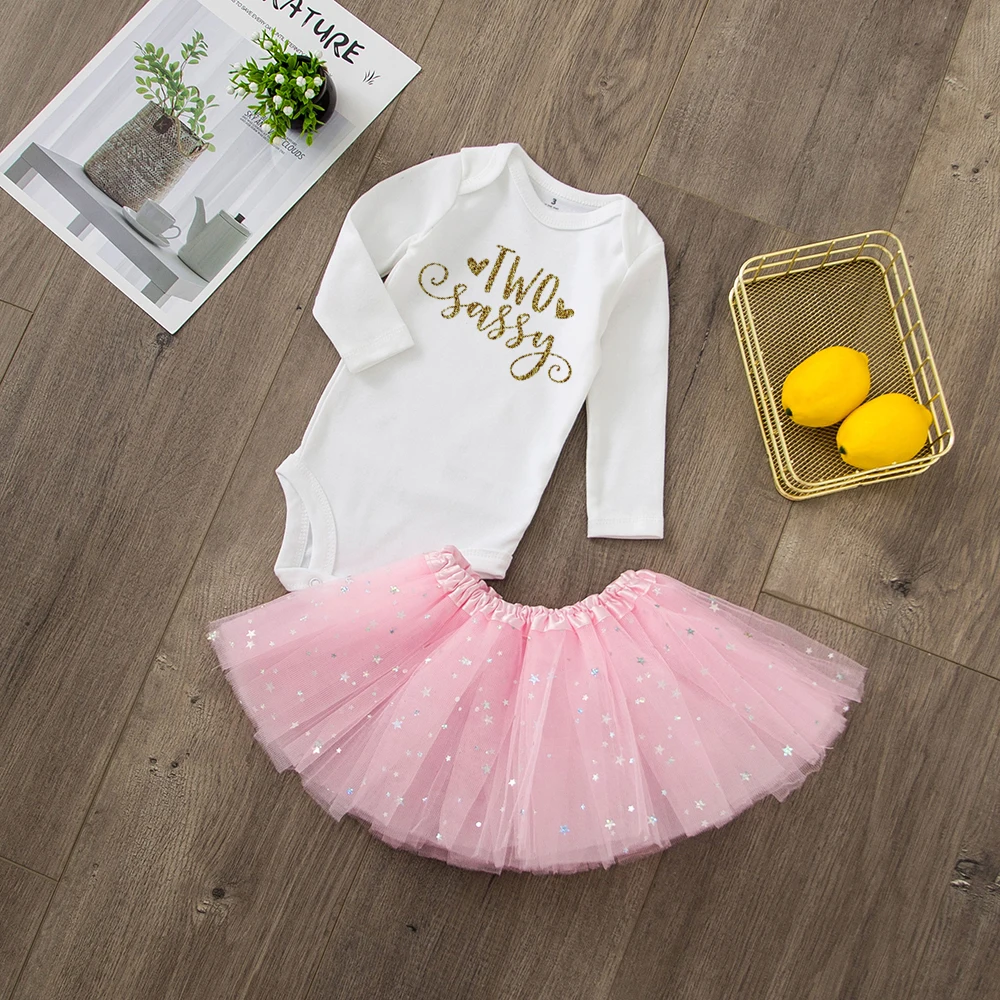 Two Cute Baby Girl 2nd Birthday Party Pink Tutu Cake Outfits Infant Dresses Girls Baptism Dress Clothes Girl Set Dress+Bodysuits