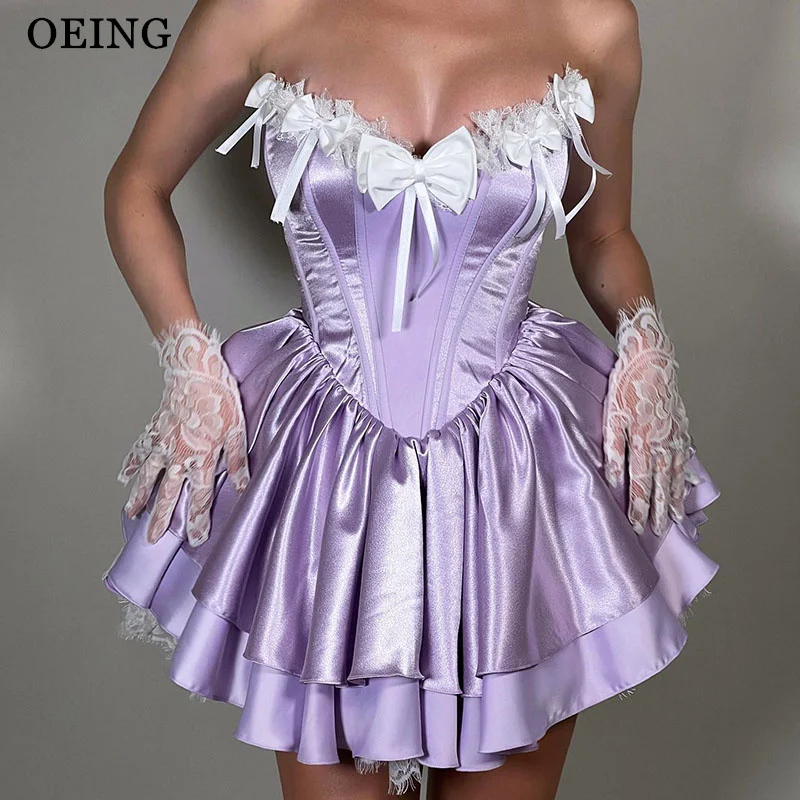 

OEING Purple A-Line Prom Dresses Bows Strapless Pleats Sleeveless With Lace Party Gowns Mini Short Party Dresses Customized