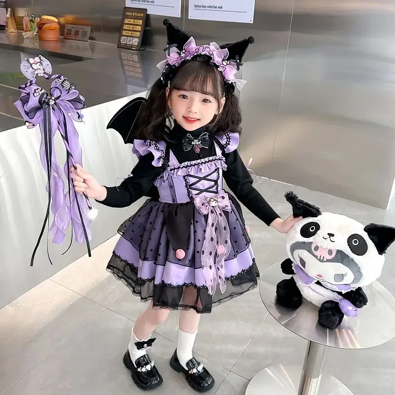 

Kuromi Anime Kawaii Sanrio Fashion Hooded Dress Spring Autumn Cute Cartoon Children Wear Clothing Birthday Gifts for Kids