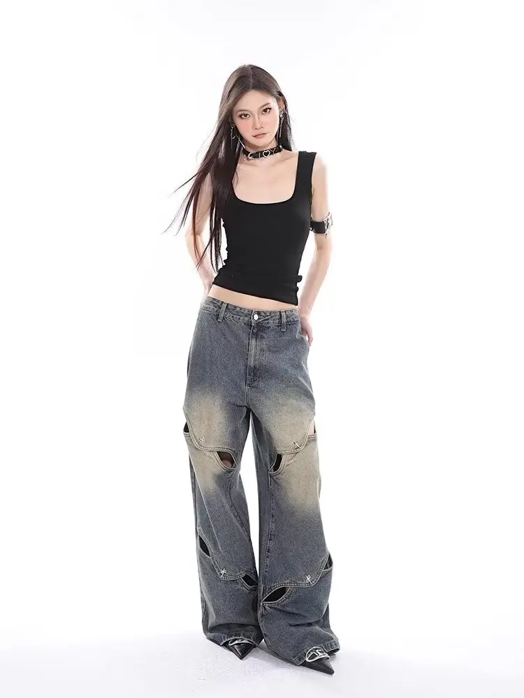 

American Vibe High Street Deconstruction Jeans Retro Spliced ​​Metal Button Trendy Brand Niche Hollow Wide Legs Floor Pants
