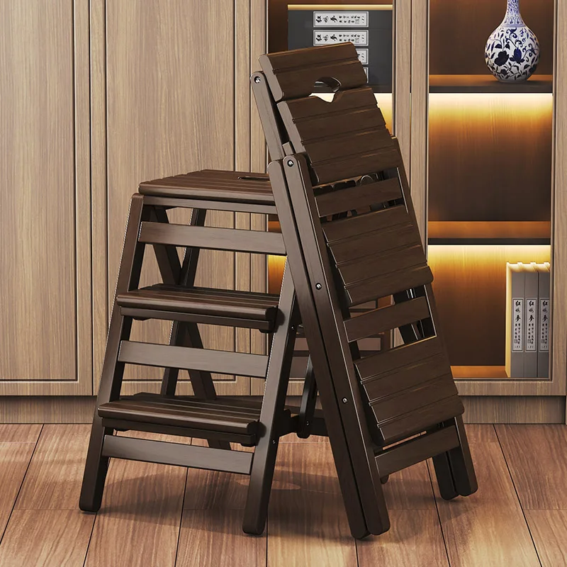 Home High Kitchen Folding Stool Multi-functional Solid Wood 3 Steps Stool Dual-use Climbing Wood Ladder Indoor Thick Thing Rack