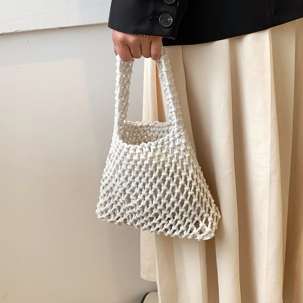 New Crochet Beach Handbag for Girls Summer Straw Rope Hollow Out Hand Woven Totes Bag Women Hollow Knitting Handbag