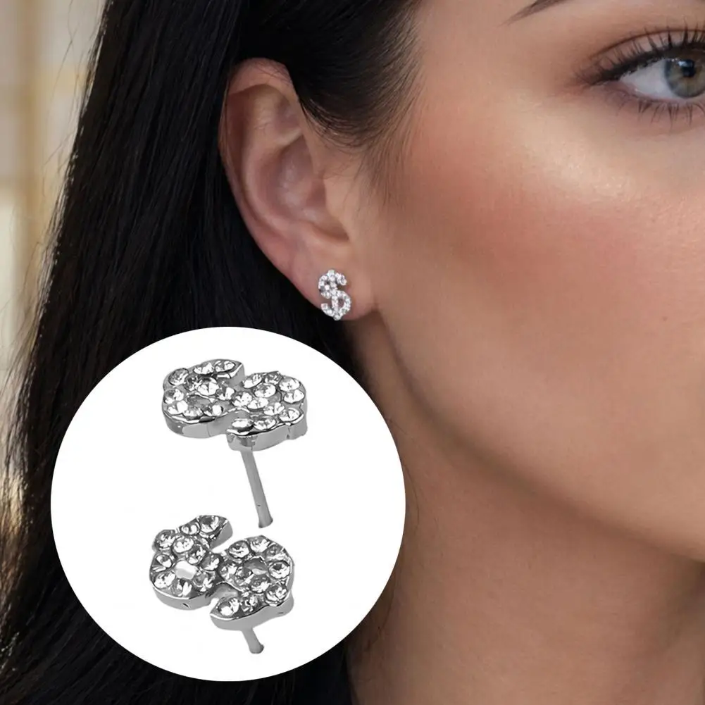 1 Pair Rhinestone Money Stud Earrings for Women, Glittering Shiny Money Sign Earrings, Jewelry Gift