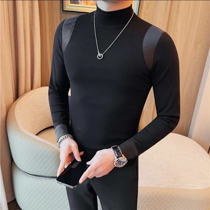 Korean Fashion Patchwork T-shirt for Men Long Sleeve Slim Fit Casual T-shirts Business Social Versatile Base Shirt Men M-4XL