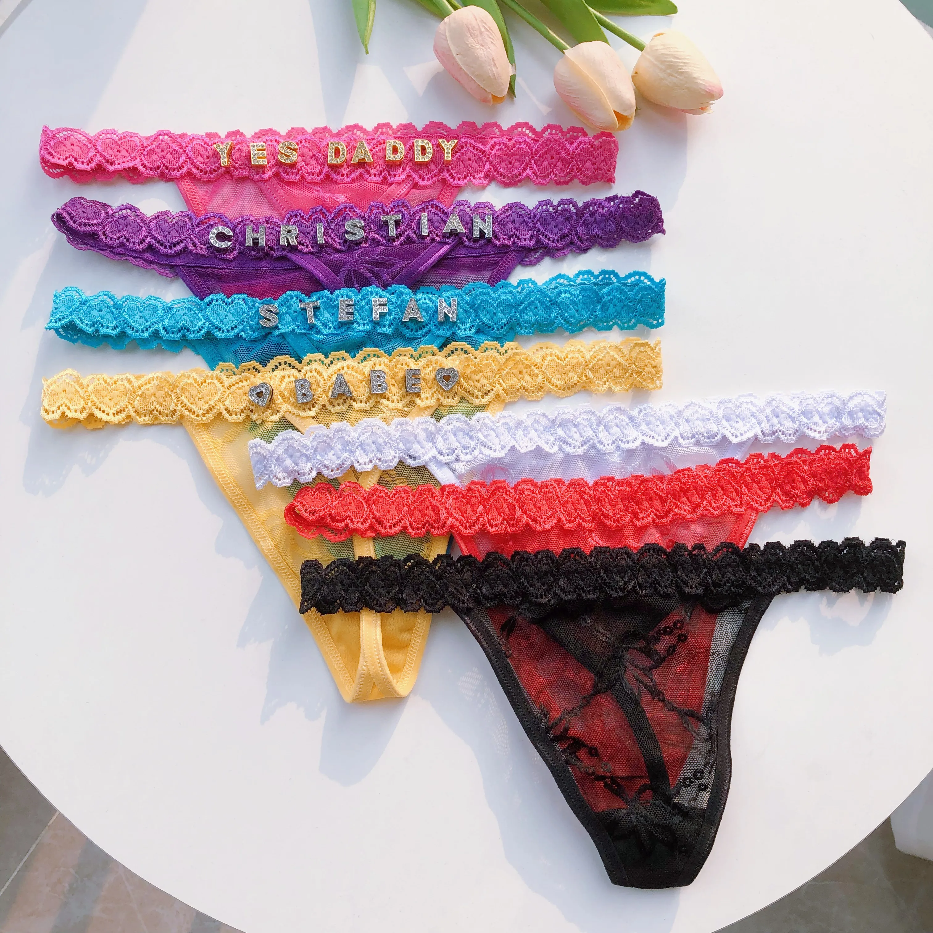 Benutzer definierte Tanga Name glänzende Buchstaben Spitze Höschen Tanga sexy personal isierte G-String Bikini Schmuck Freundin Frau Valentinstag