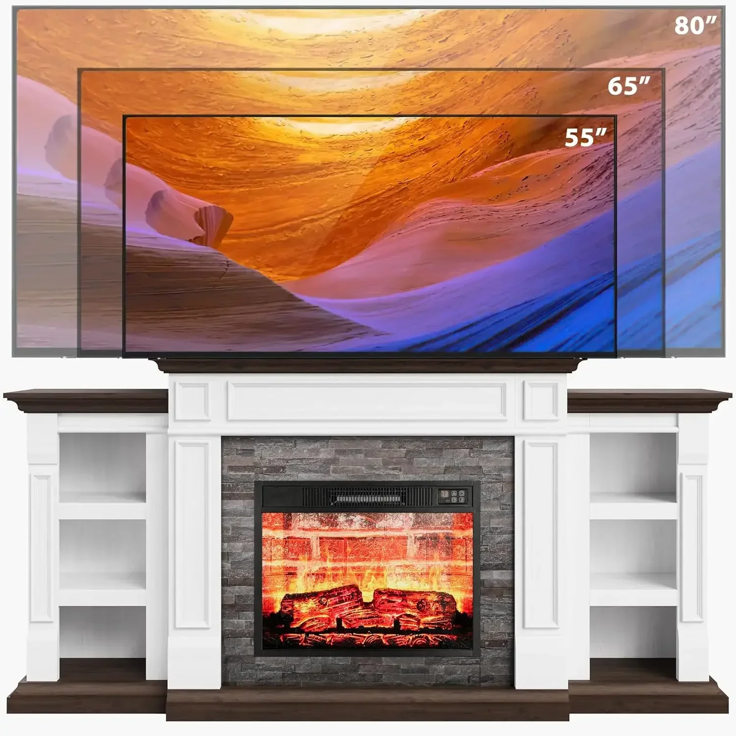 Perapian listrik 70 "dengan Mantel, dudukan TV perapian, pusat hiburan rumah pertanian, Surround batu tumpuk realistis