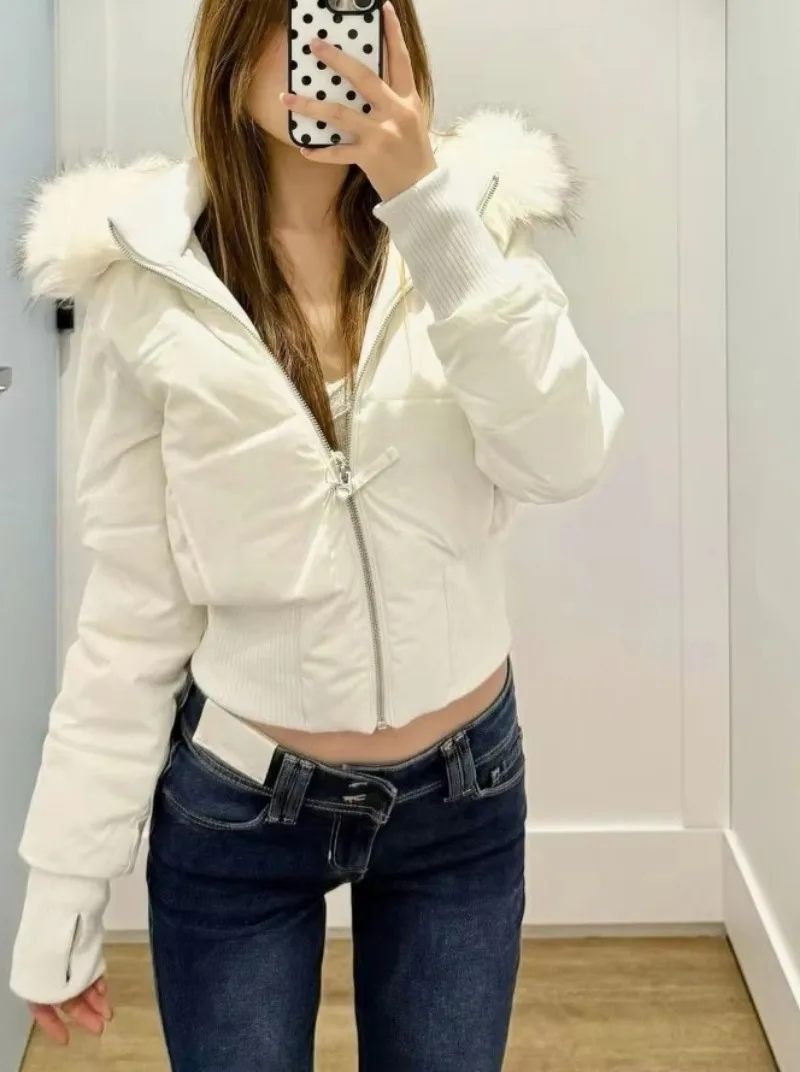 Women Aesthetic Vintage Padded Coat Winter Long Sleeve Fur Collar Zipper Outerwear Casual Retro Short Coat