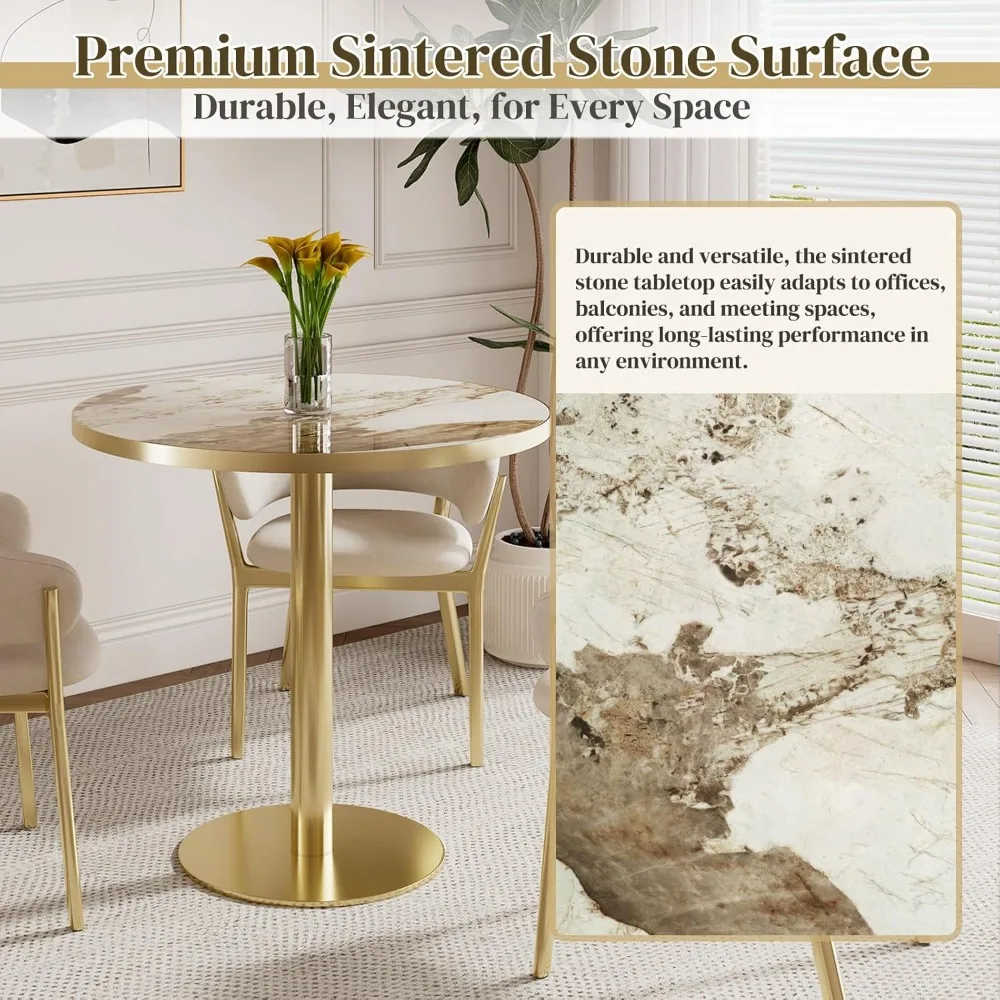 Mesa de cocina moderna Tulip, mesa de comedor redonda con tablero de piedra sinterizada, borde y base dorados, mesa de bistró para 2-4 personas