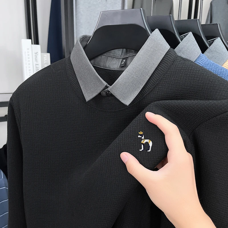 Men's New Knitwear Sweater Pile Knit Turn-Down Collar Embroidery Long Sleeve Pullover Autumn Winter Fashion Warmth Men Clothing